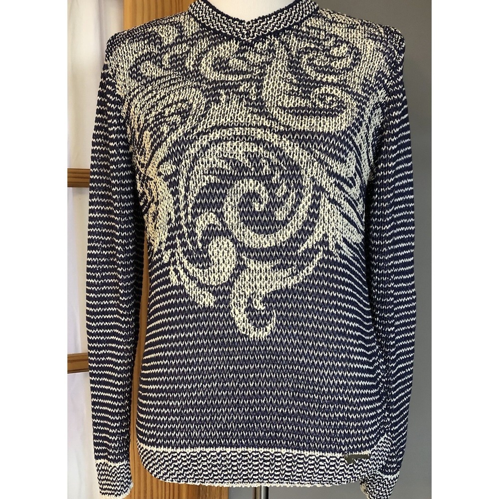 Serianno x Seir Pullover Sweater Womens L Hand Painted Paisley Blue Knit Coastal